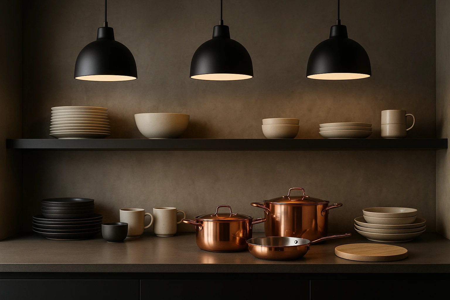 A modern kitchen showroom featuring elegant pendant lights illuminating a variety of premium kitchenware, including a copper cookware set and stylish ceramic dinnerware, displayed on minimalist open shelves against a textured concrete wall.
