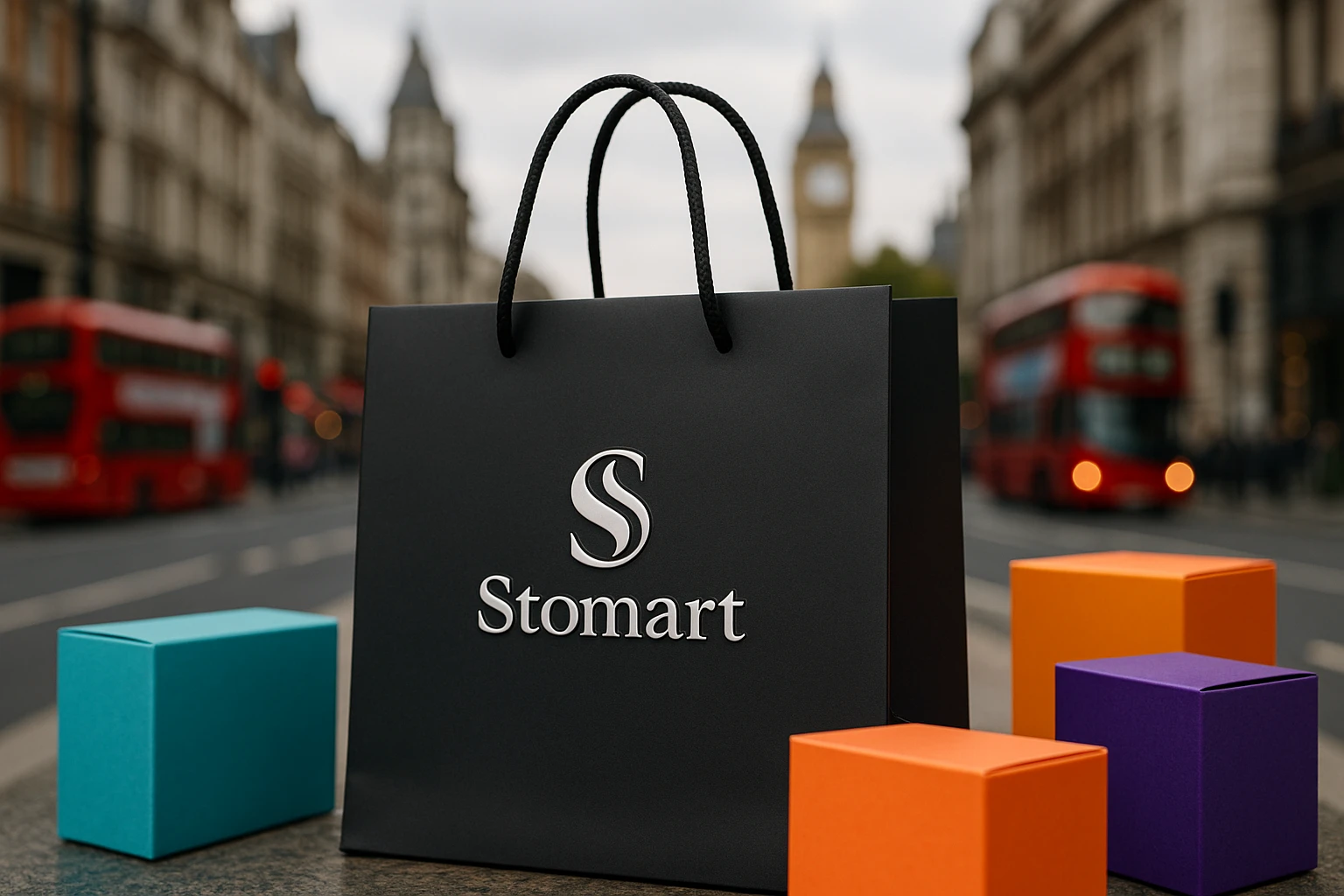 A close-up of a sleek shopping bag branded with the Stomart logo, surrounded by colorful product packaging, set against a vibrant city street backdrop with iconic London landmarks visible in the distance.