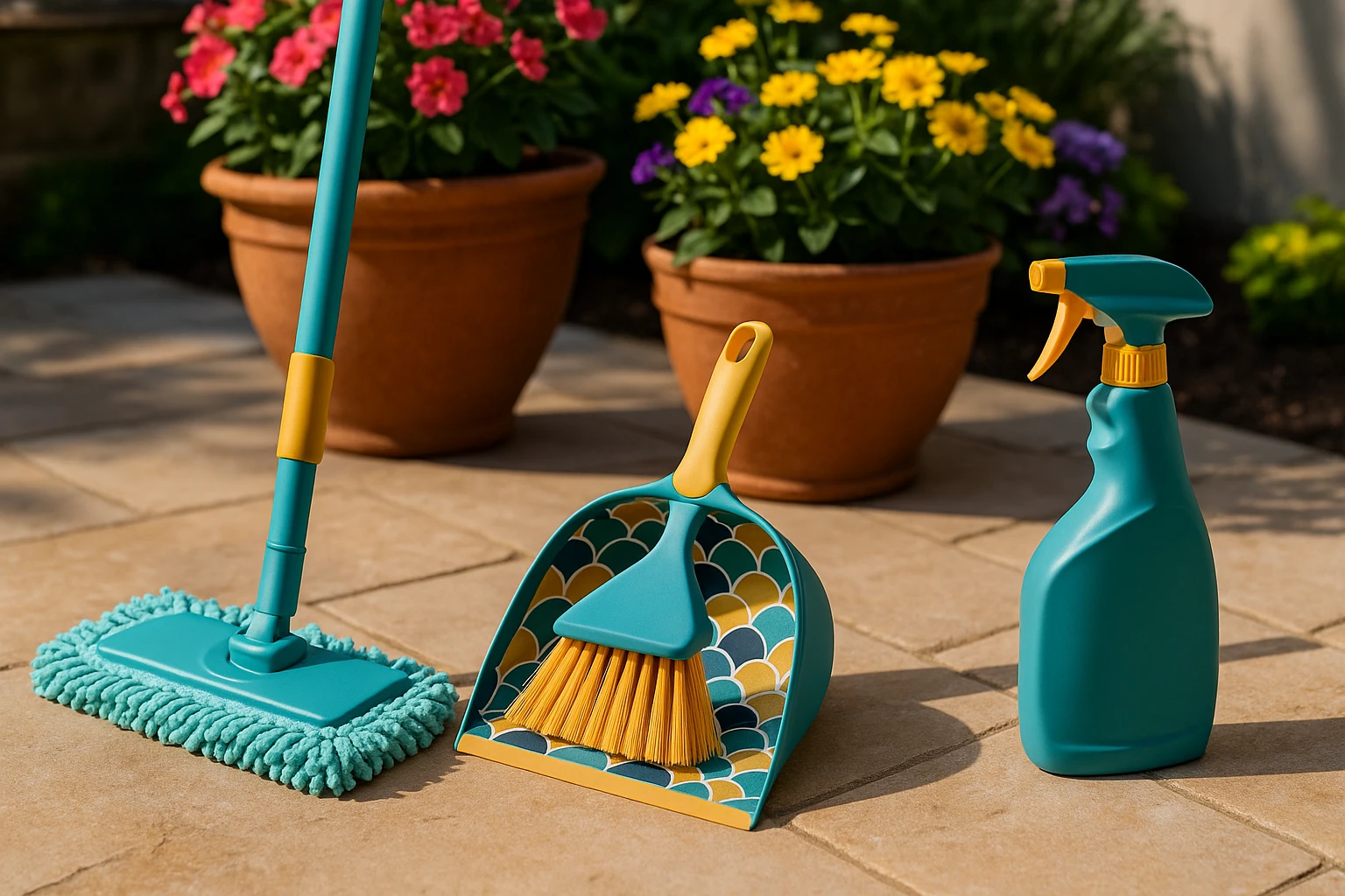 A collection of stylish and colorful household cleaning tools, including a microfiber mop, patterned dustpan, and ergonomic spray bottle, elegantly arranged on a natural stone patio with blooming flower pots in the background, showcasing vibrant outdoor living.