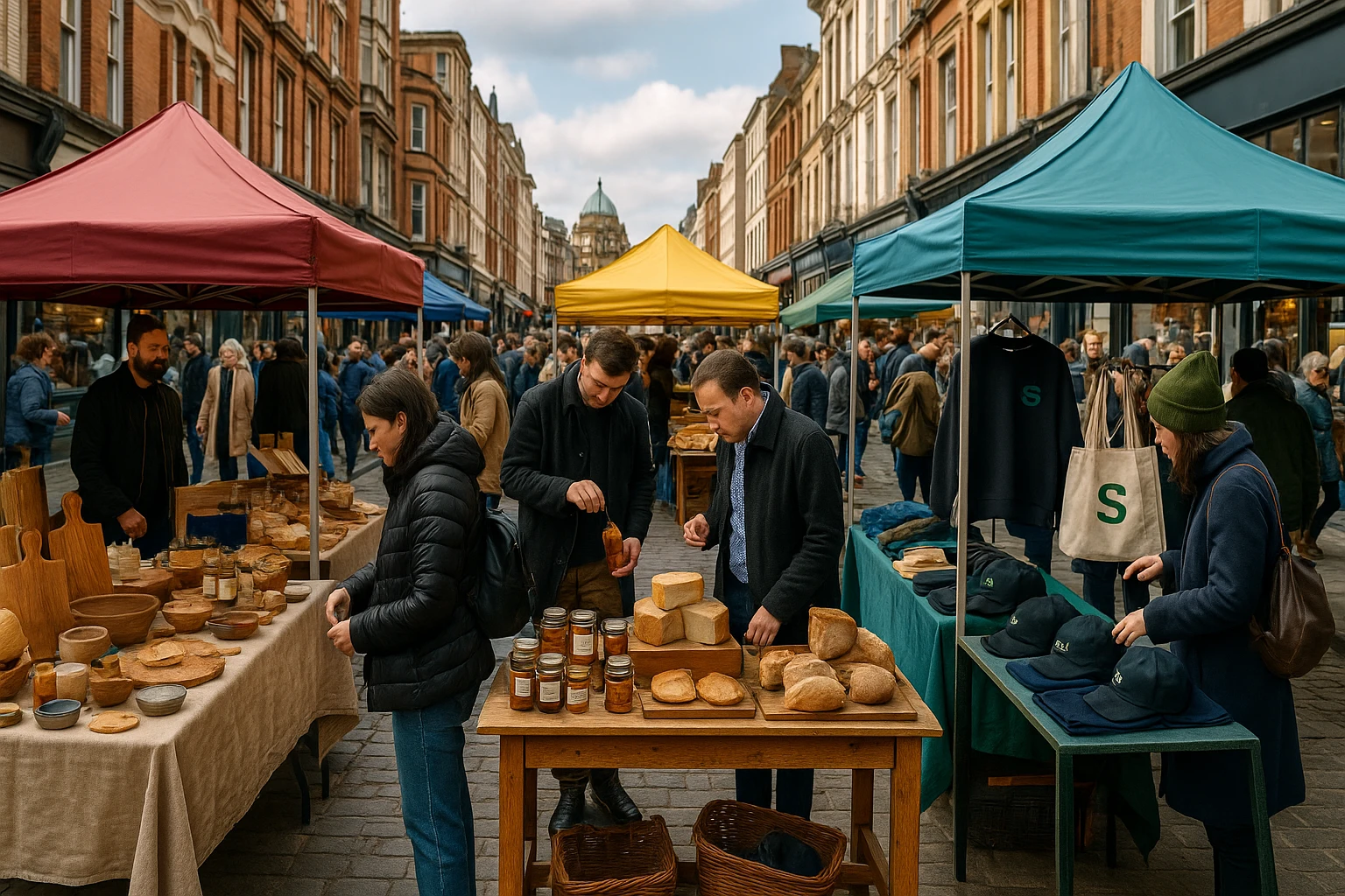 A bustling street market in London with vibrant stalls displaying a variety of products, including artisanal goods and branded items from Stomart, against the backdrop of historic architecture and busy shoppers examining the offerings.
