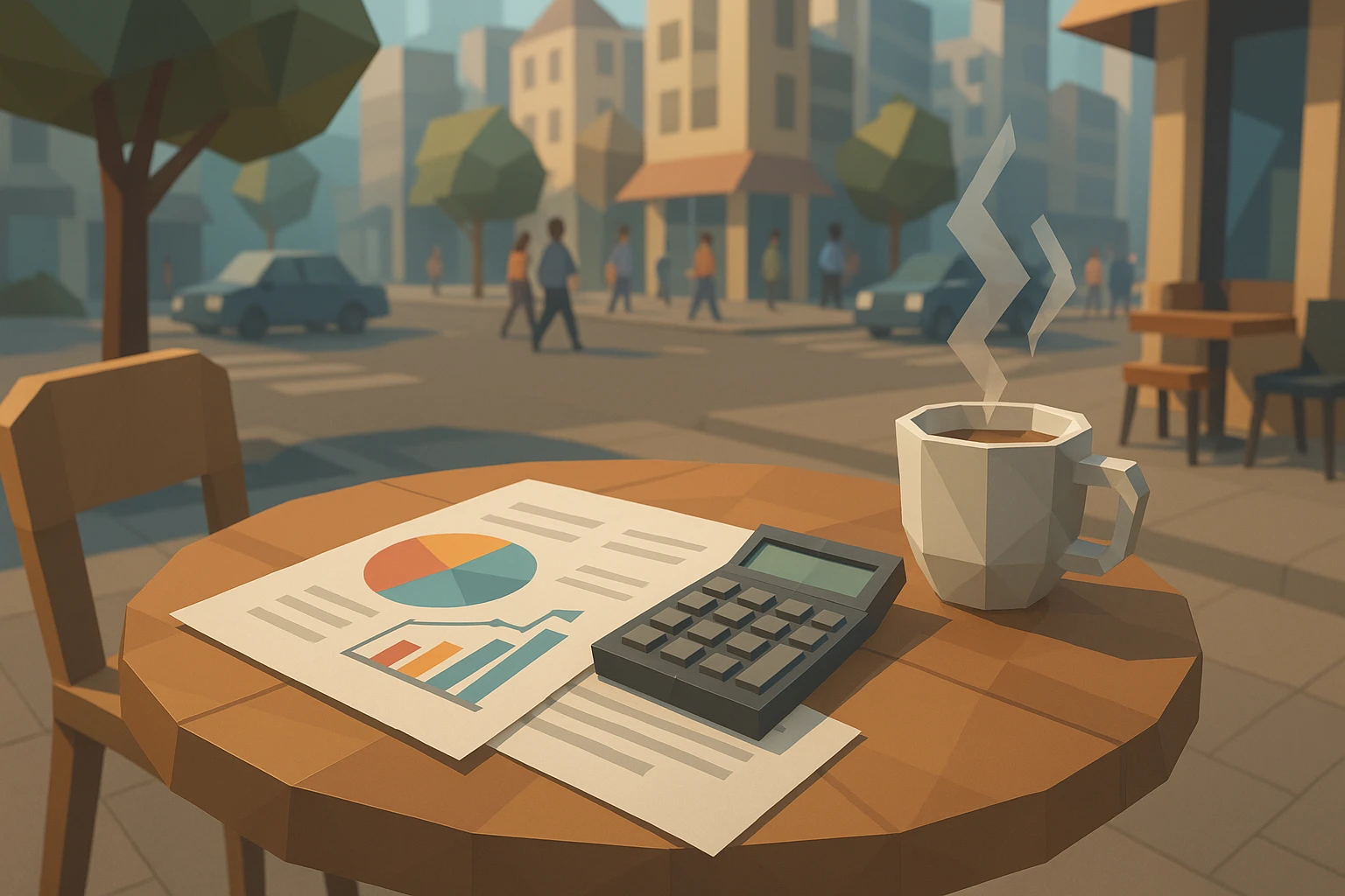 A modern outdoor café scene with a table displaying financial documents, a calculator, and a steaming cup of coffee, set against a backdrop of bustling city life.