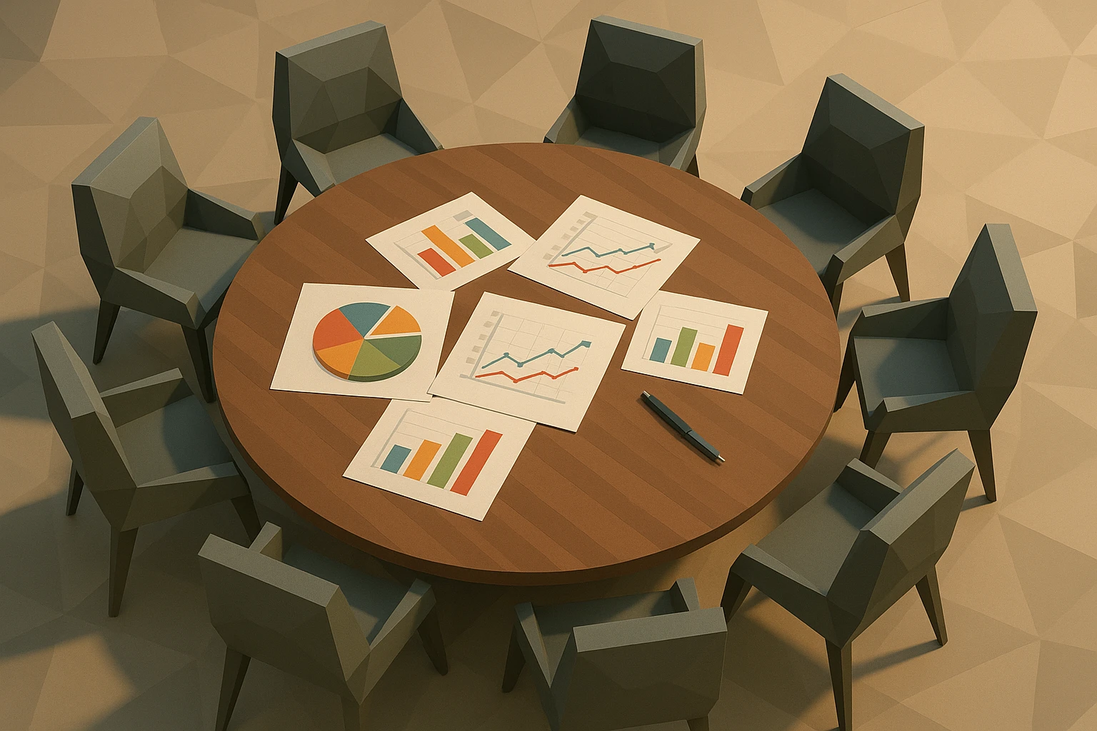 A sleek, minimalist conference room with a large round wooden table center-stage, surrounded by empty contemporary chairs, top view showcasing detailed financial graphs and colorful charts scattered across the table, with a sleek pen laying beside them.