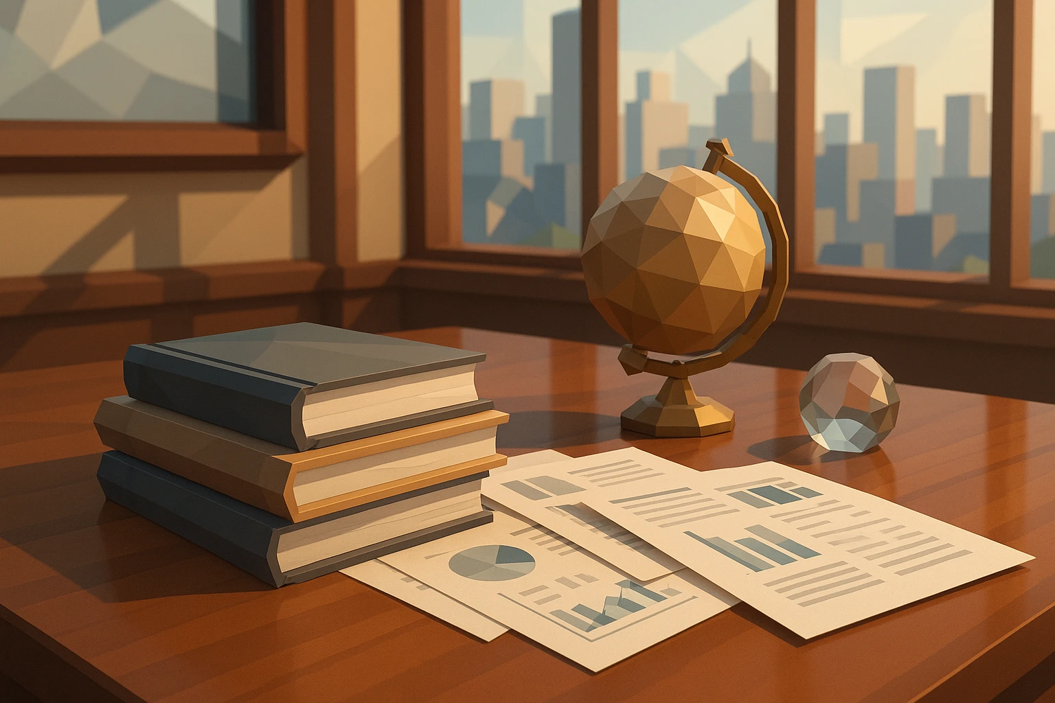 A stack of detailed business acquisition manuals and financial documents spread out on a polished mahogany table, with a brass globe and a glass paperweight nearby, in a brightly lit room with floor-to-ceiling windows overlooking a bustling cityscape.