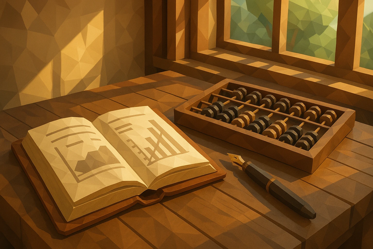 A close-up of a leather-bound valuation manual open to a page on financial metrics, with a vintage abacus and a classic fountain pen lying beside it, set on a rustic wooden table with sunlight streaming through an open window overlooking a leafy garden.