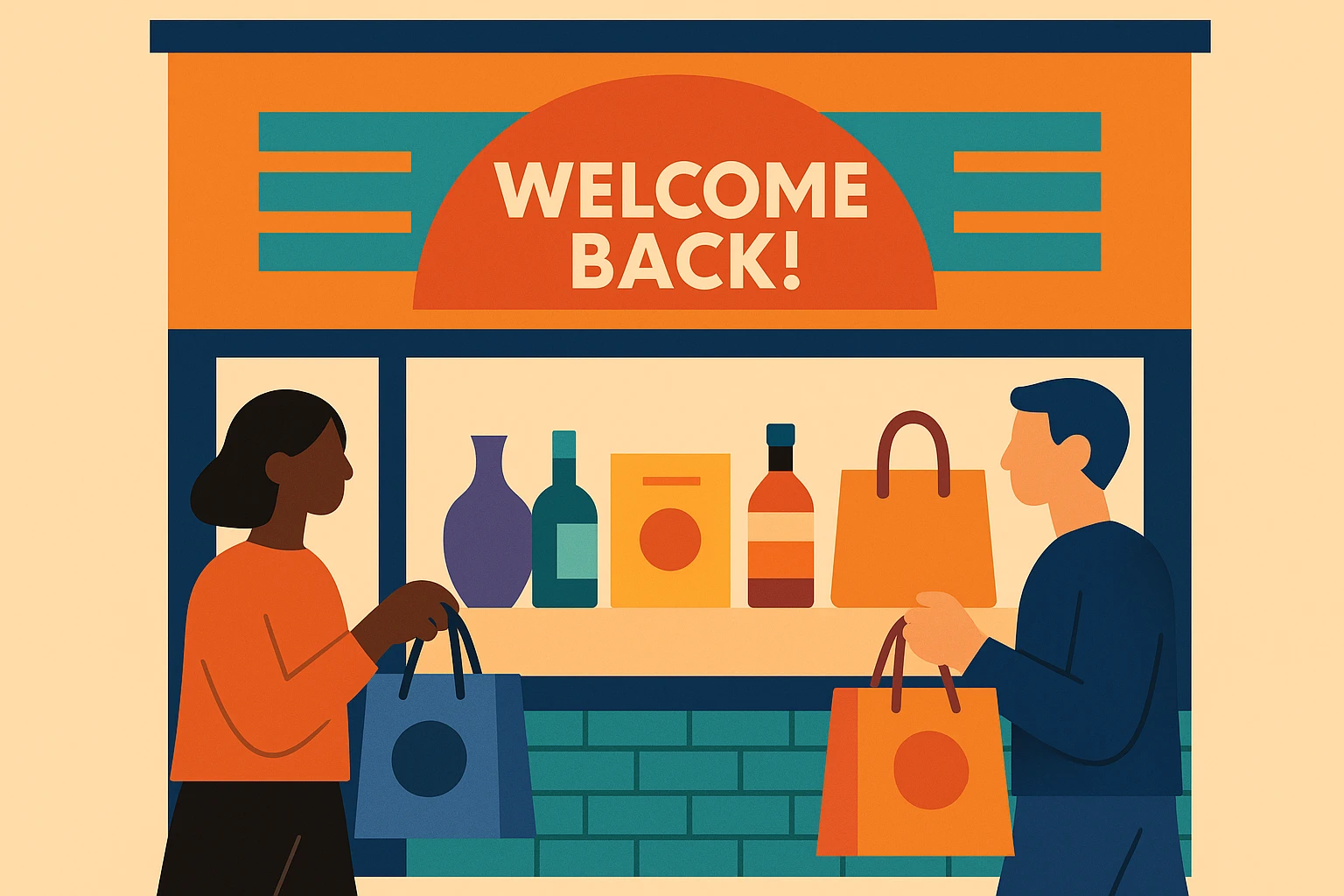 A vibrant storefront scene with diverse products in the window, showcasing branded shopping bags held by returning customers, framed by a colorful 