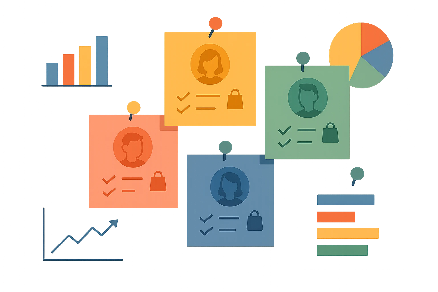A collection of colorful sticky notes on a bulletin board, each displaying different customer profiles and purchase patterns, surrounded by analytics charts and graphs pinned around them.