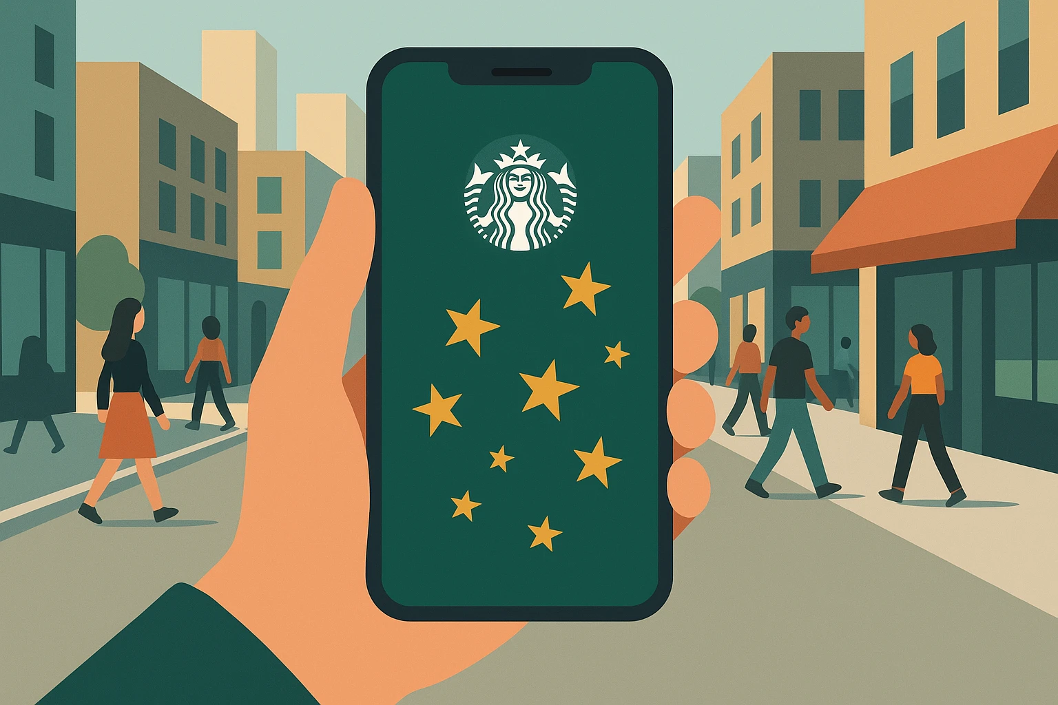 A hand holding a smartphone outdoors, displaying the Starbucks Rewards app interface with digital stars accumulating, against the background of a bustling city street with pedestrians and storefronts.