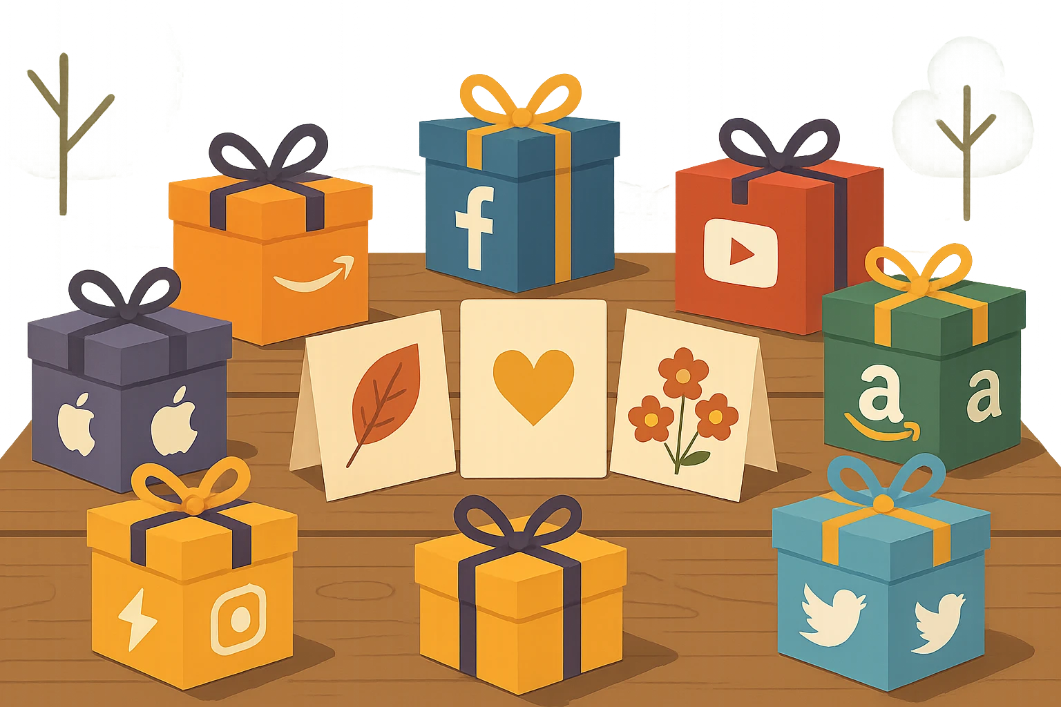 A collection of vibrant, custom-made gift boxes with different brand logos, surrounding a central display of personalized thank-you notes, set on a rustic wooden table outdoors.