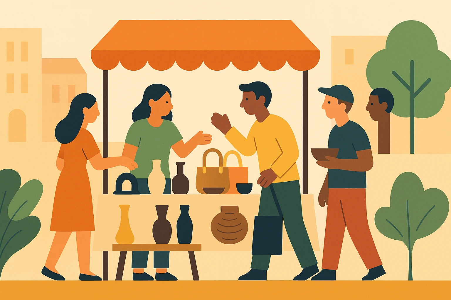 A bustling street market scene where a table displays a variety of handcrafted products with customers interacting, symbolizing real-world problem-solving and consumer needs aligned with the 'Jobs to be Done' framework.