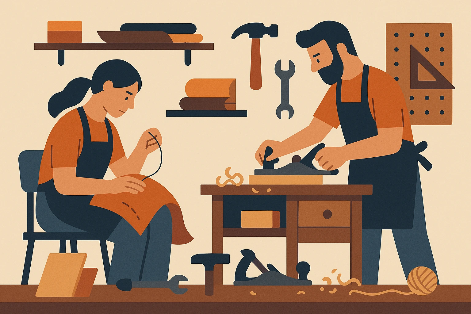 A cozy workshop where artisans are crafting tailor-made solutions, with tools and materials scattered around, emphasizing the tangible creation aspect of meeting consumer needs through the 