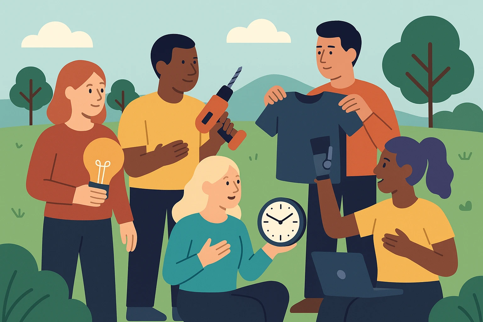 A diverse group of people gathered in a park, each person holding or demonstrating a different product that solves a unique problem, with discussion and collaboration visible, showcasing the practical application of the 