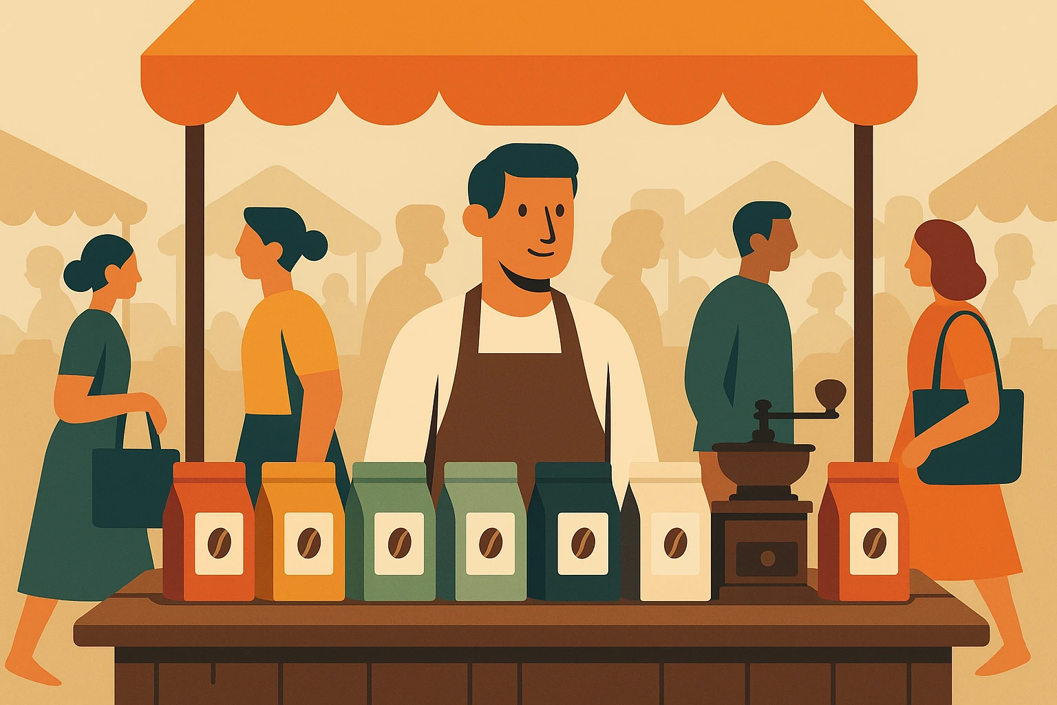 A small, artisanal coffee brand on a rustic market stall, surrounded by a variety of colorful, hand-labeled coffee bags and a vintage manual coffee grinder, with a backdrop of bustling farmers market shoppers.