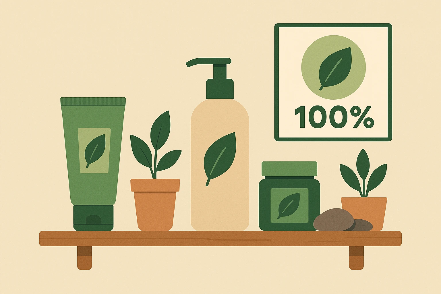 A display of eco-friendly skincare products on a wooden shelf adorned with natural elements like small potted plants and stones, highlighting the brand's commitment to sustainability, with a UVP sign emphasizing 