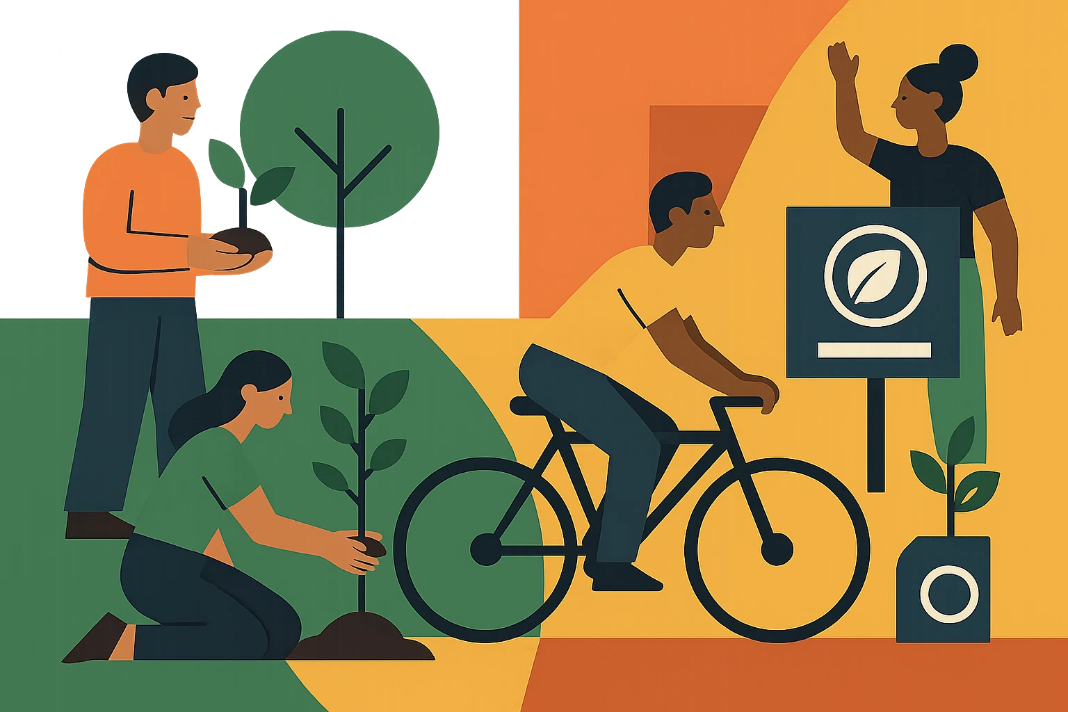 A vibrant community mural depicting diverse people engaging in various eco-friendly activities, such as planting trees and cycling, with a small brand’s logo and tagline about sustainability prominently featured on a nearby signpost, illustrating its commitment to purpose over profit.