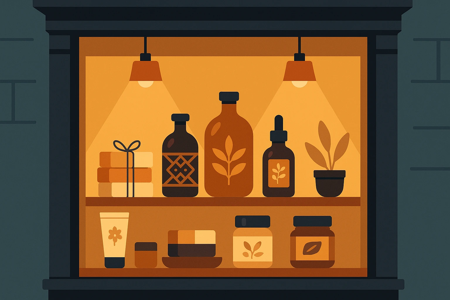 A small boutique shop window displays a unique, artisanal product collection, with handcrafted soaps, intricately designed bottles, and natural-ingredient beauty products illuminated by warm ambient lighting, capturing the attention of passersby.