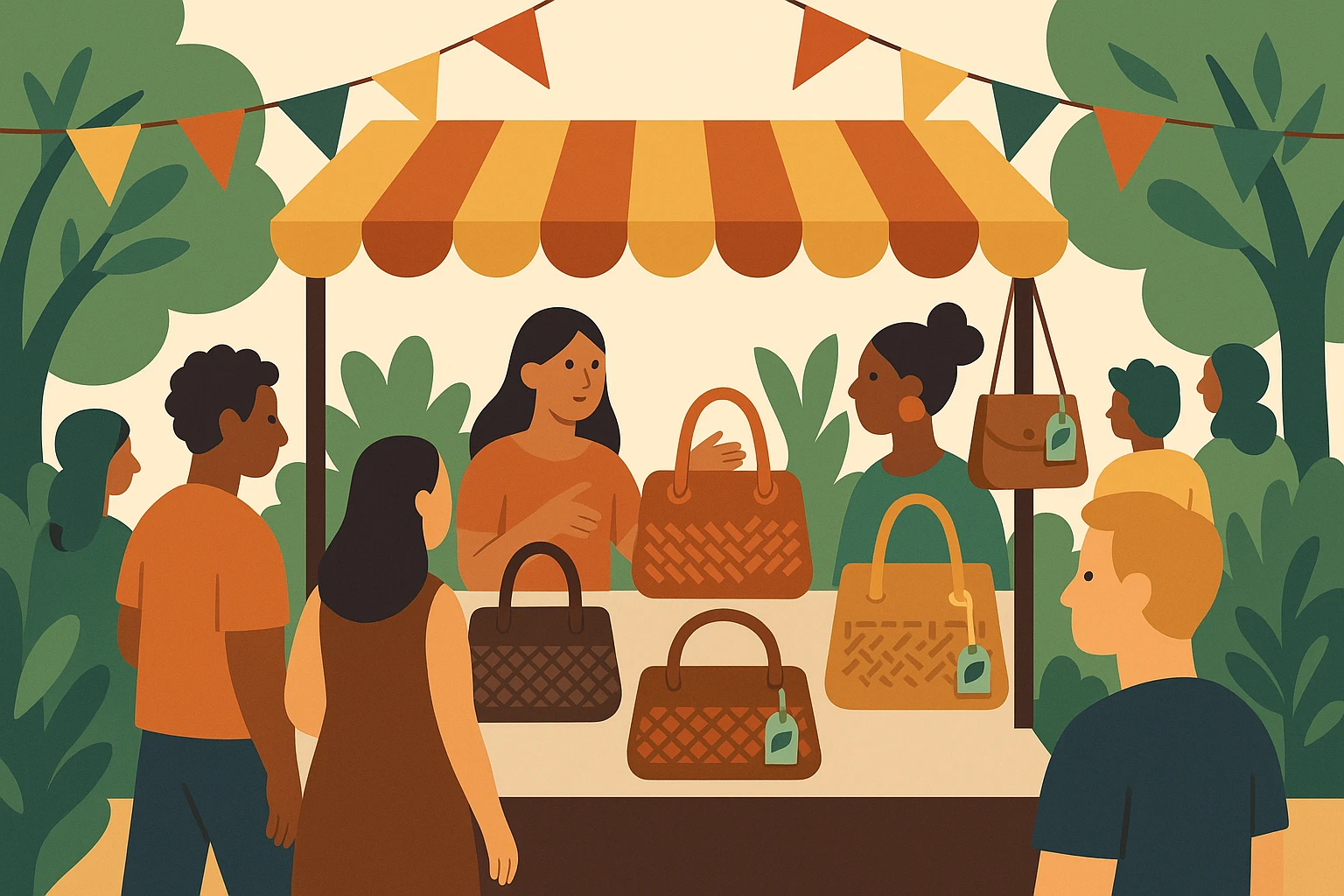 A bustling outdoor artisan market features a colorful stall displaying vegan leather bags, with intricately woven designs and eco-friendly tags, attracting a diverse crowd of environmentally conscious shoppers amidst a backdrop of vibrant banners and lush greenery.