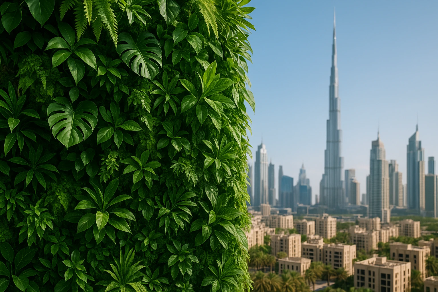 A vibrant, lush artificial plant wall adorned with various realistic green foliage, set against the backdrop of Dubai's iconic skyline with the Burj Khalifa in the distance, creating a harmonious blend of nature and urban architecture.