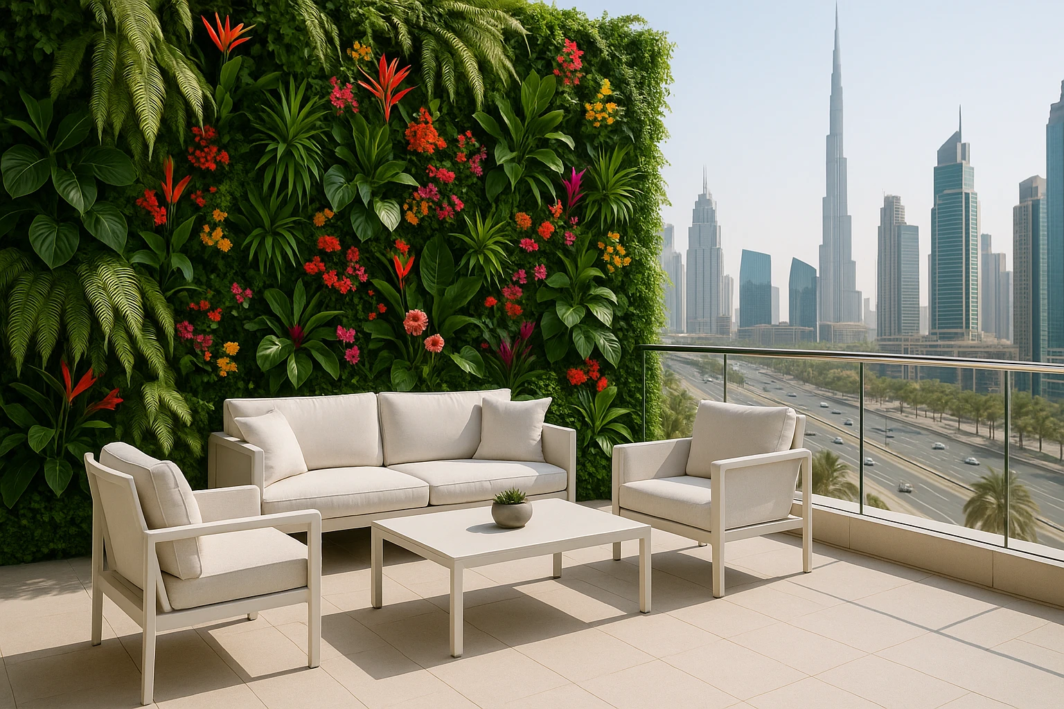An elegant outdoor terrace in Dubai featuring an artificial plant wall with a variety of tropical ferns and vibrant flowers, surrounded by modern, white patio furniture and a sleek glass railing overlooking a bustling cityscape.