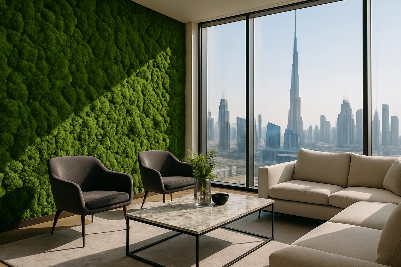 A luxurious interior in Dubai showcasing a lush moss wall, framed by sleek, modern furniture and glass windows with a panoramic view of the cityscape in the background, highlighting the seamless blend of nature and urban sophistication.