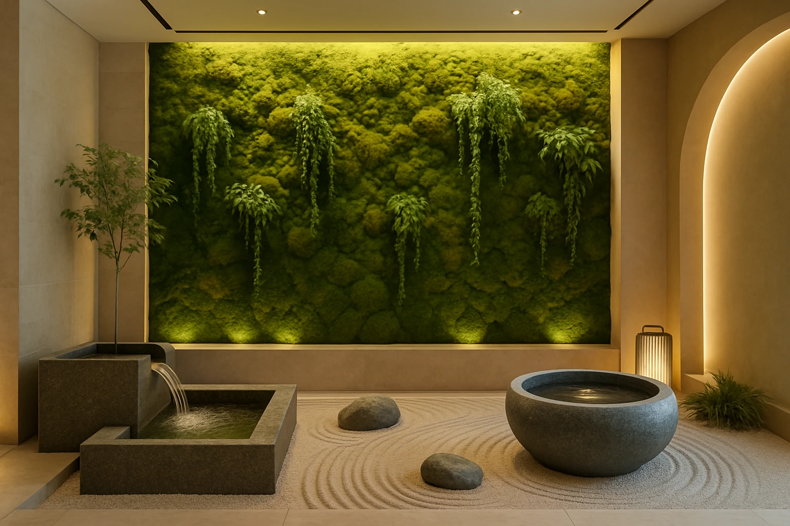 A serene spa interior in Dubai featuring a large, vibrant moss wall adorned with cascading plants and soft ambient lighting, surrounded by stone water features and zen garden elements, creating a tranquil oasis.