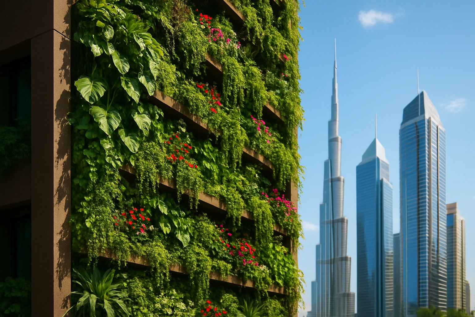 A lush vertical garden covering a modern building facade in Dubai, with vibrant green foliage and flowering plants, set against the backdrop of a bright blue sky and towering skyscrapers.