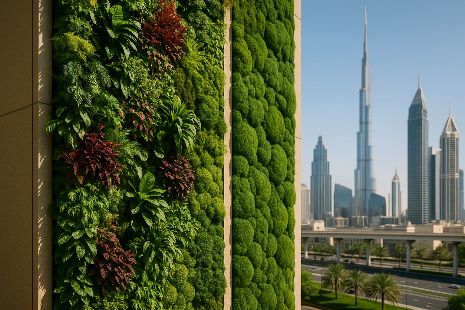 A vibrant vertical garden on a building facade in Dubai, showcasing a lush living plant wall on one side and a textured preserved moss wall on the other, with the city's iconic skyline visible in the background.