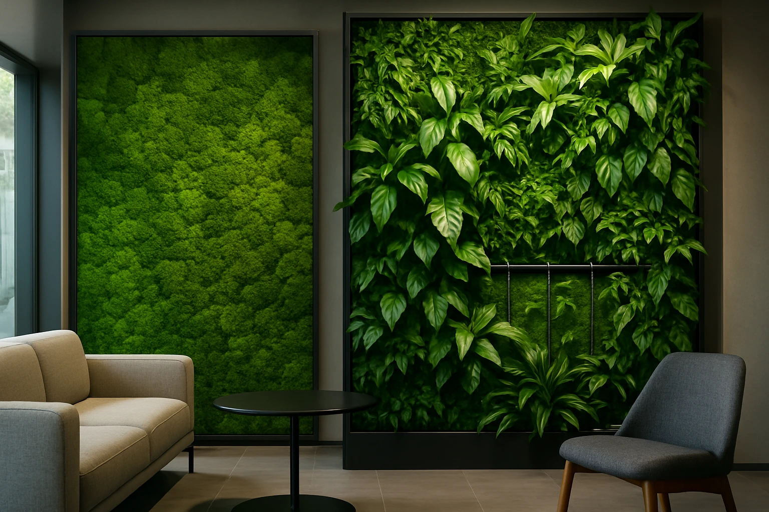 In a sleek, modern indoor setting, a preserved moss wall featuring a variety of green tones is elegantly contrasted with a living plant wall that integrates a sophisticated drip irrigation system, against a backdrop of minimalist furniture and ambient natural lighting.