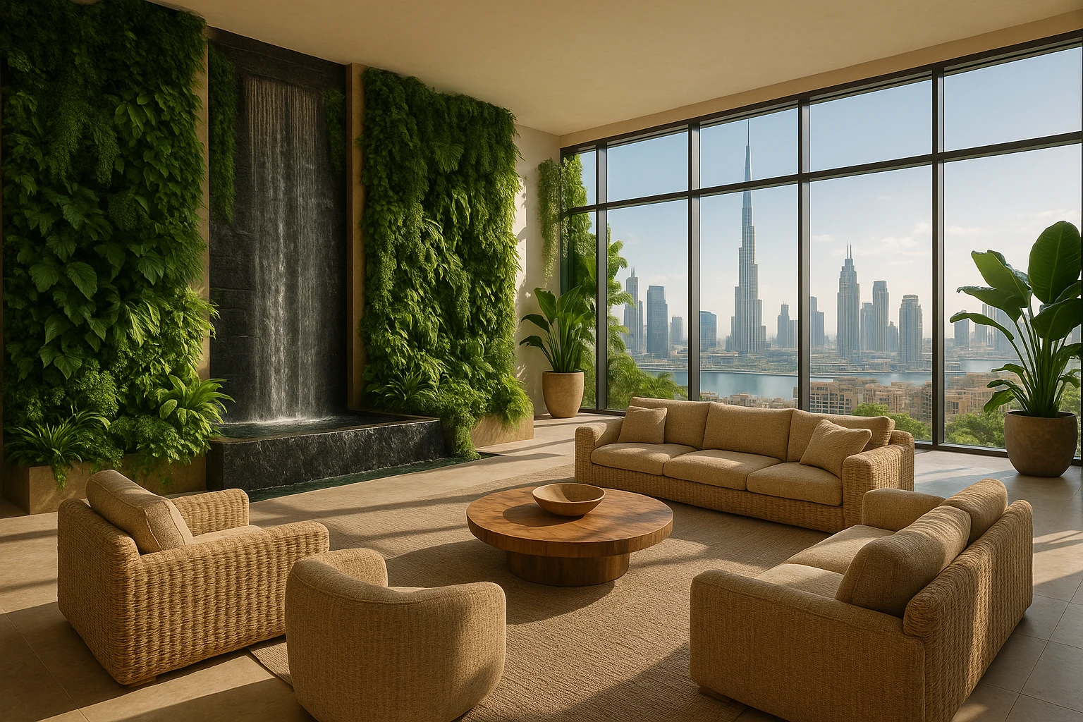 A spacious living room in Dubai adorned with vertical gardens and a flowing indoor waterfall, featuring plush natural fiber seating and a panoramic view of the city skyline through floor-to-ceiling windows.