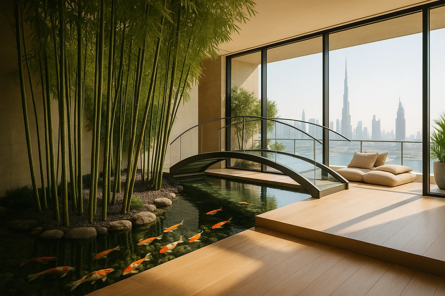 A luxurious penthouse in Dubai featuring a large indoor garden with towering bamboo plants, a serene koi pond beneath an elegant glass bridge, and soft natural wood flooring that leads to a sunlit reading nook filled with oversized floor cushions.
