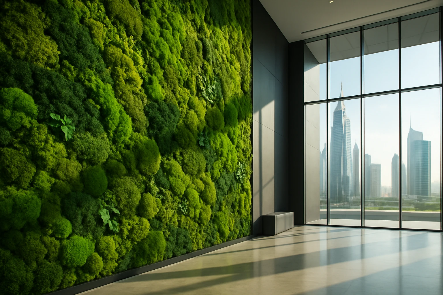 A lush, textured moss wall with shades of green and hints of preserved foliage, set against a sleek, minimalist lobby in a high-rise building in Dubai, reflecting sunlight through expansive glass windows.