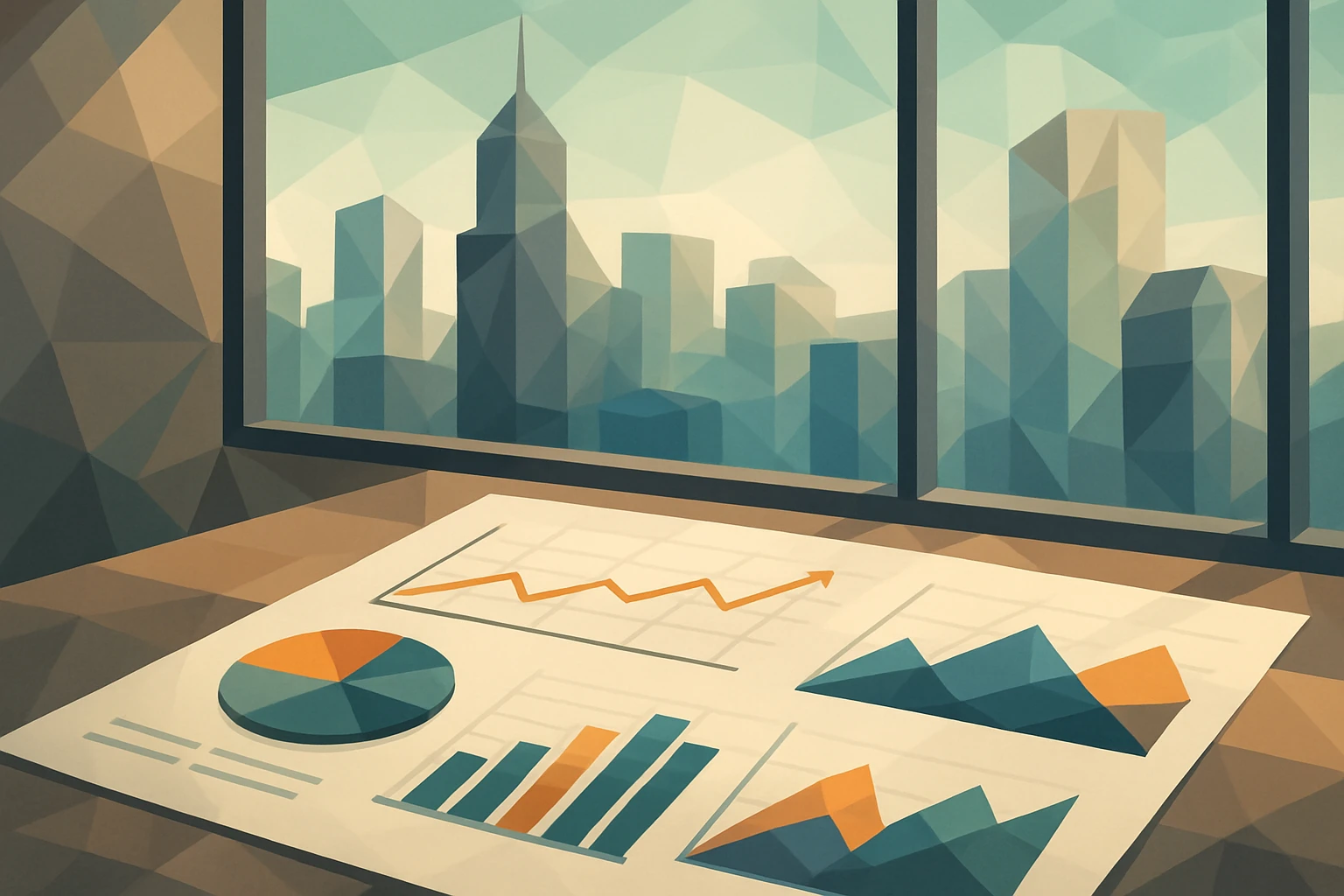A close-up of a sophisticated financial dashboard with various graphs and charts displayed on paper, set against a backdrop of a modern cityscape seen through a large window, symbolizing the integration of analytics in dynamic business environments.