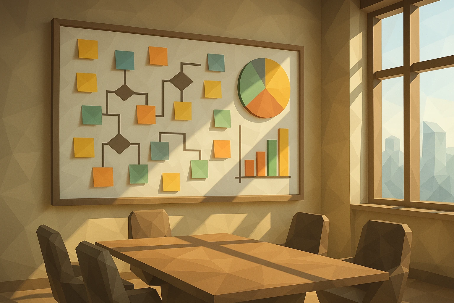 A large, wall-mounted whiteboard in a modern conference room filled with colorful sticky notes and flowcharts, illustrating a detailed strategy for financial management and performance indicators, with sunlight streaming through large windows.