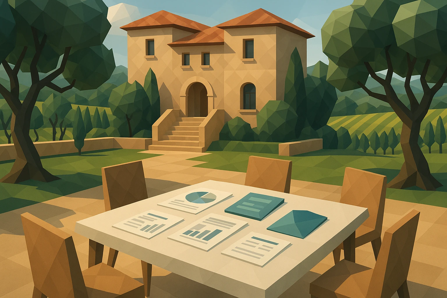 An elegant Italian villa garden setting with a negotiation table displaying strategic documents and brochures related to mergers and acquisitions, surrounded by olive trees and vineyards in the background.