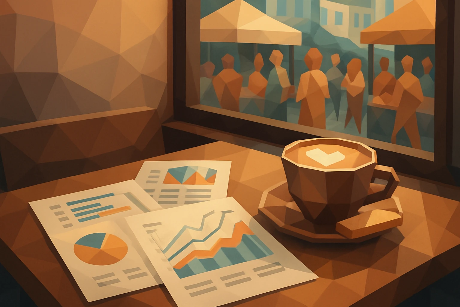 A close-up of a table in an Italian café, featuring a collection of financial reports and market analysis documents, alongside a cappuccino and a traditional Italian biscuit, with a busy street market visible through the window behind.