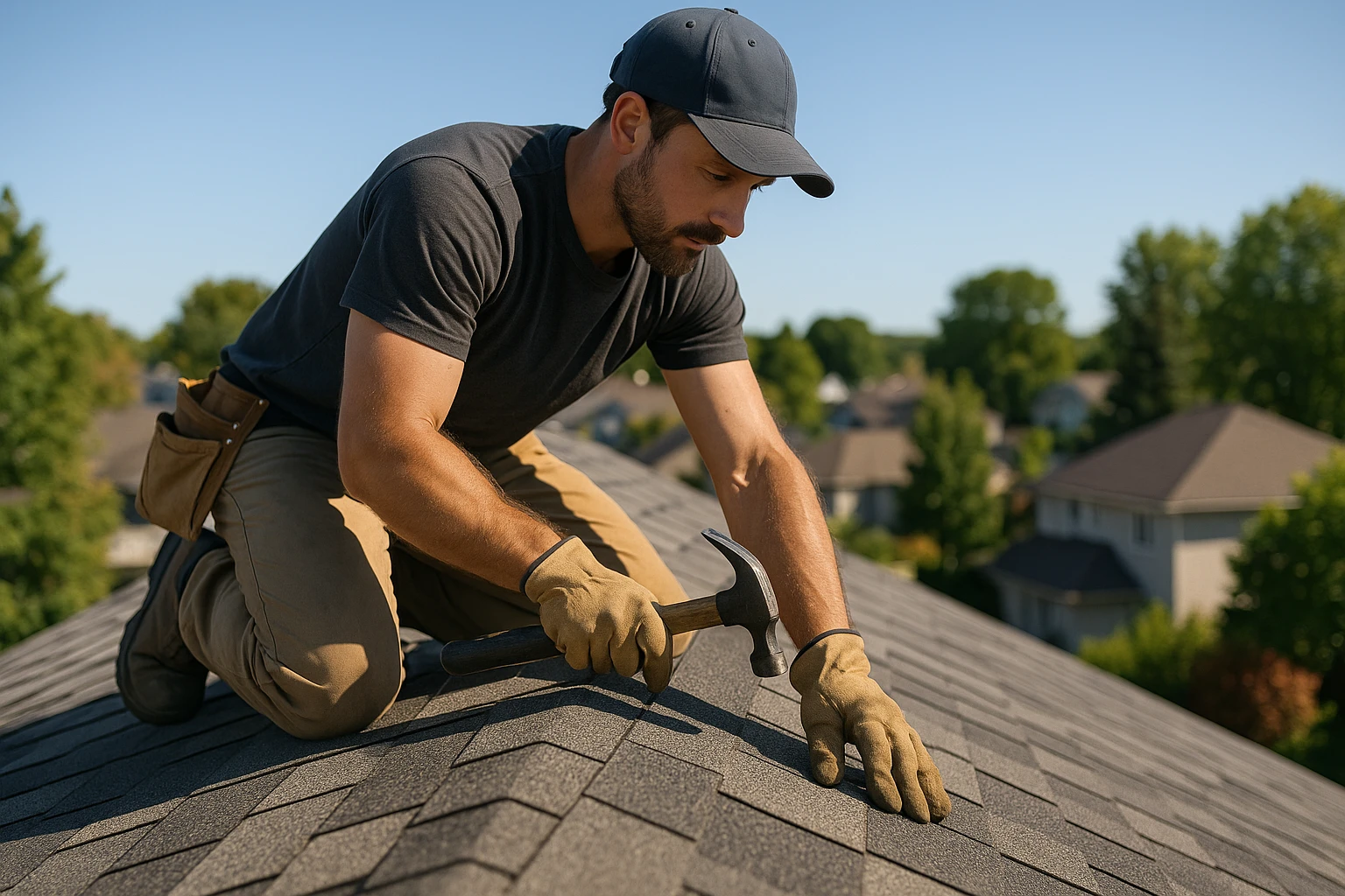 A roofing contractor on a sloped rooftop, carefully laying down new shingles with a hammer in hand, surrounded by a scenic view of suburban houses and trees under a clear blue sky.