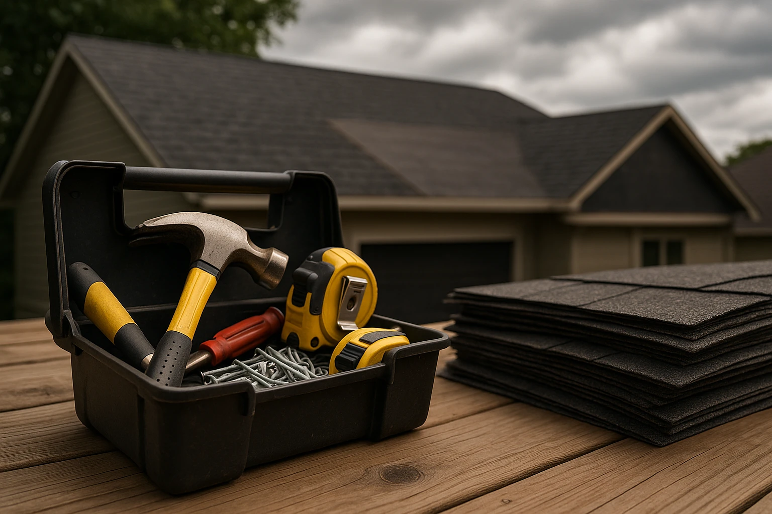 A close-up of a toolbox filled with roofing tools like a hammer, nails, and measuring tape, set on a wooden deck beside a stack of roofing shingles, with a partially completed roof visible in the background under a cloudy sky.