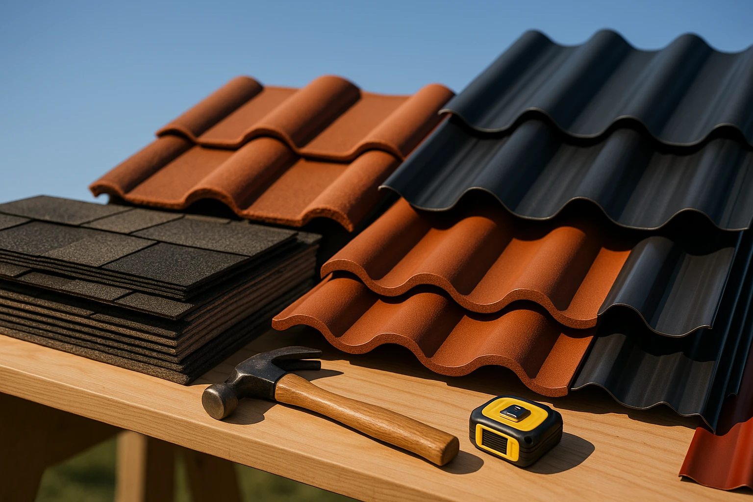 A variety of roofing materials are displayed on a workbench, including shingles, tiles, and metal sheets, with tools like a hammer and tape measure beside them, set against the backdrop of a clear blue sky.