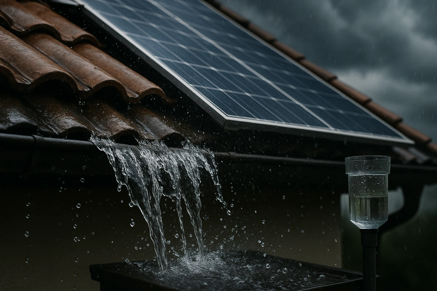 A close-up of a roof with rainwater cascading off its edge, featuring a mix of clay tiles and solar panels against a stormy sky, with droplets visibly splashing and a rain gauge nearby.