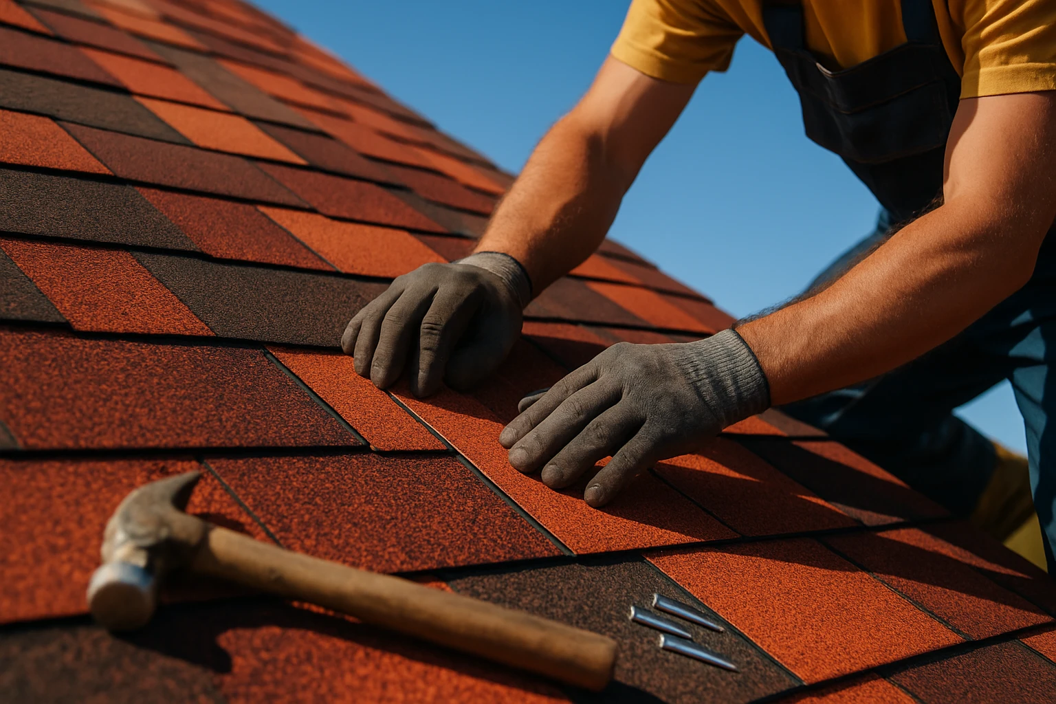 A close-up of a construction worker's hands skillfully installing vibrant, interlocking roofing shingles on an angled roof, with a clear blue sky in the background and scattered tools like a hammer and nails visible nearby.