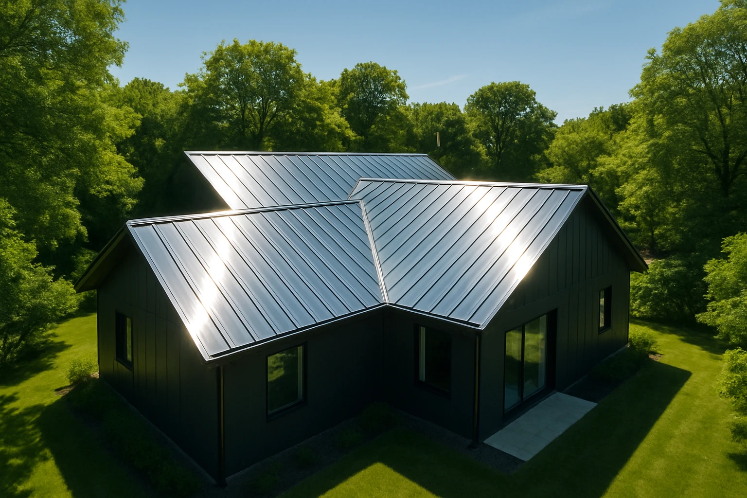Aerial view of a modern house with sleek, reflective metal roofing shining under the sunlight, surrounded by lush greenery and a clear blue sky, highlighting its durability and energy efficiency.