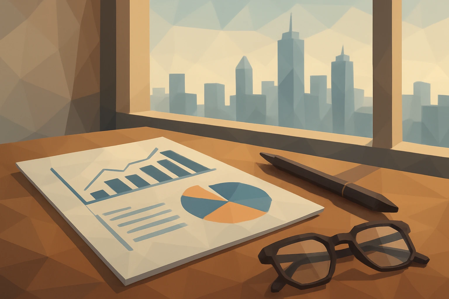 A close-up of a detailed financial report and graph printed on high-quality paper, laid on a wooden table with a sleek pen and a pair of reading glasses nearby, set against the backdrop of a city skyline visible through a large window.