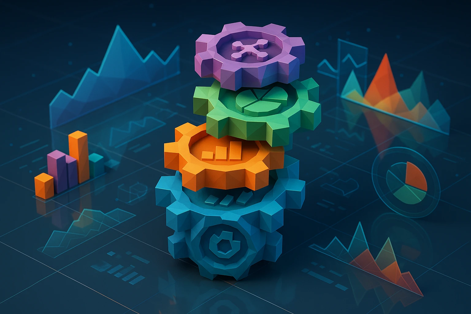 A stack of colorful interconnected gears with data symbols etched on them, set on a reflective surface, surrounded by abstract holographic graphs and charts, illustrating the concept of business intelligence integration.