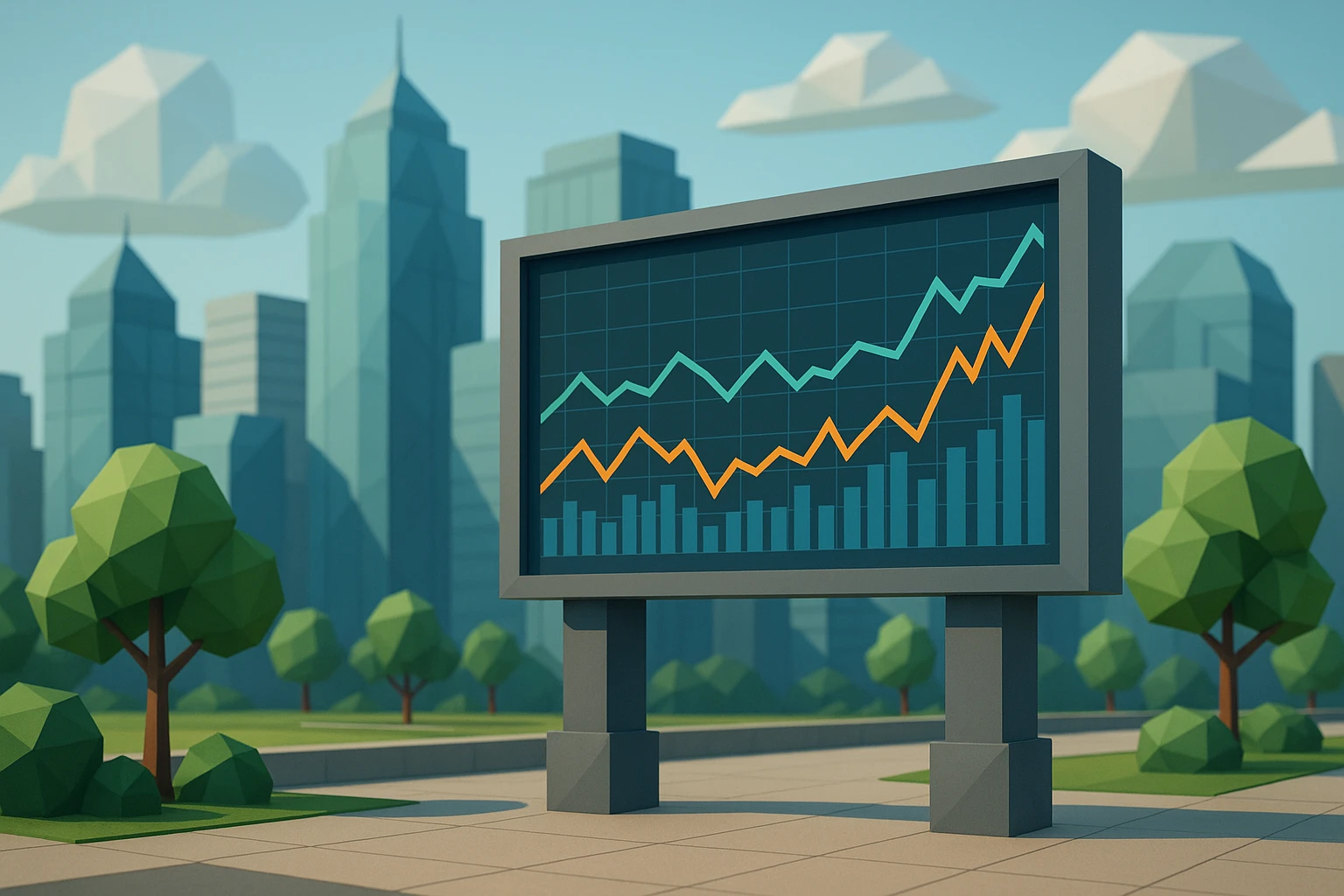 A dynamic outdoor scene of a modern city skyline with a large digital billboard displaying fluctuating financial graphs and real-time data updates, symbolizing the concept of rolling forecasts in finance.