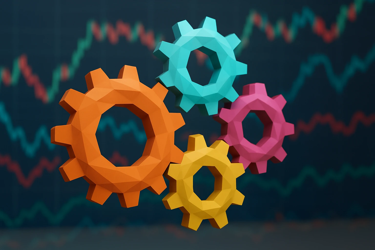 A set of colorful, interlocking cogs and gears in motion against a blurred background of fluctuating stock market graphs, symbolizing the interconnected and adaptive nature of rolling forecasts in financial planning.