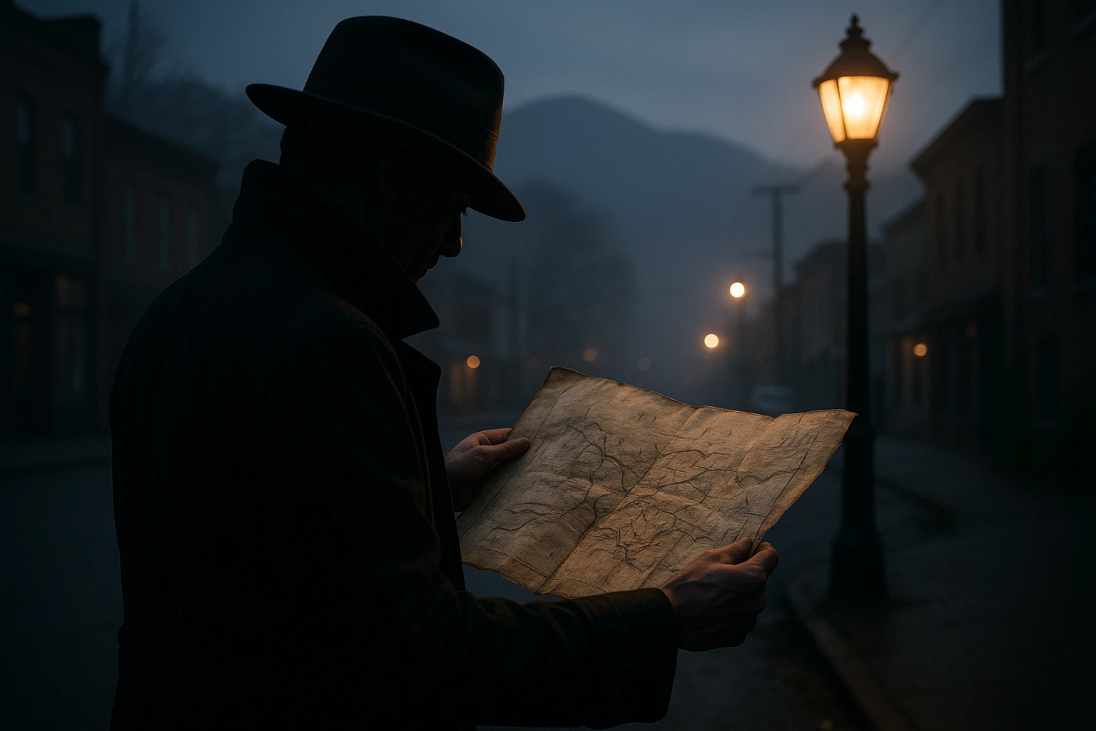 A shadowy figure in a trench coat examines a weathered, hand-drawn map under the dim light of a vintage streetlamp in the quaint, foggy streets of Marshall, North Carolina, with the Appalachian mountains looming softly in the background.
