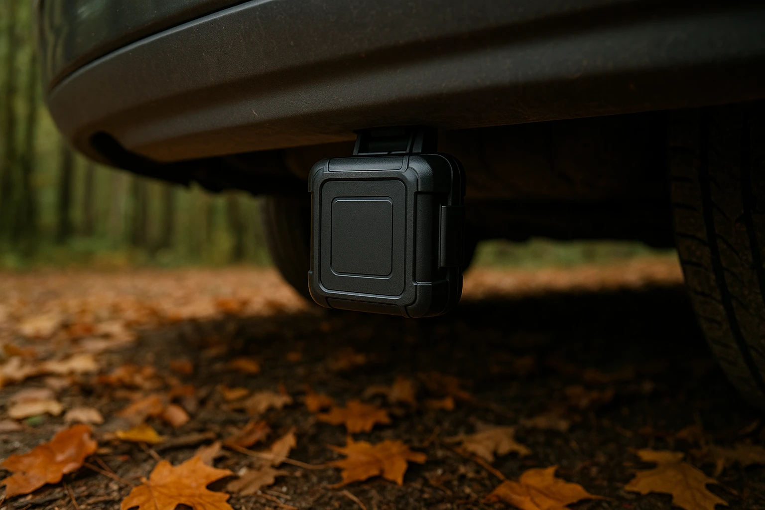 A close-up of a compact GPS tracking device mounted discreetly under a car bumper in a wooded area near Marshall, North Carolina, with fallen autumn leaves scattered on the ground and a backdrop of dense trees.