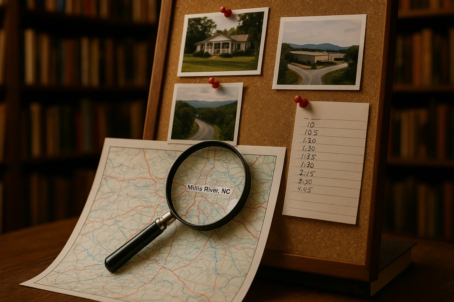 A small magnifying glass rests on top of a detailed map of Mills River, North Carolina, pinned on a corkboard beside printed photos of various locations and a handwritten list of surveillance times, all set against the backdrop of a cozy book-filled study.
