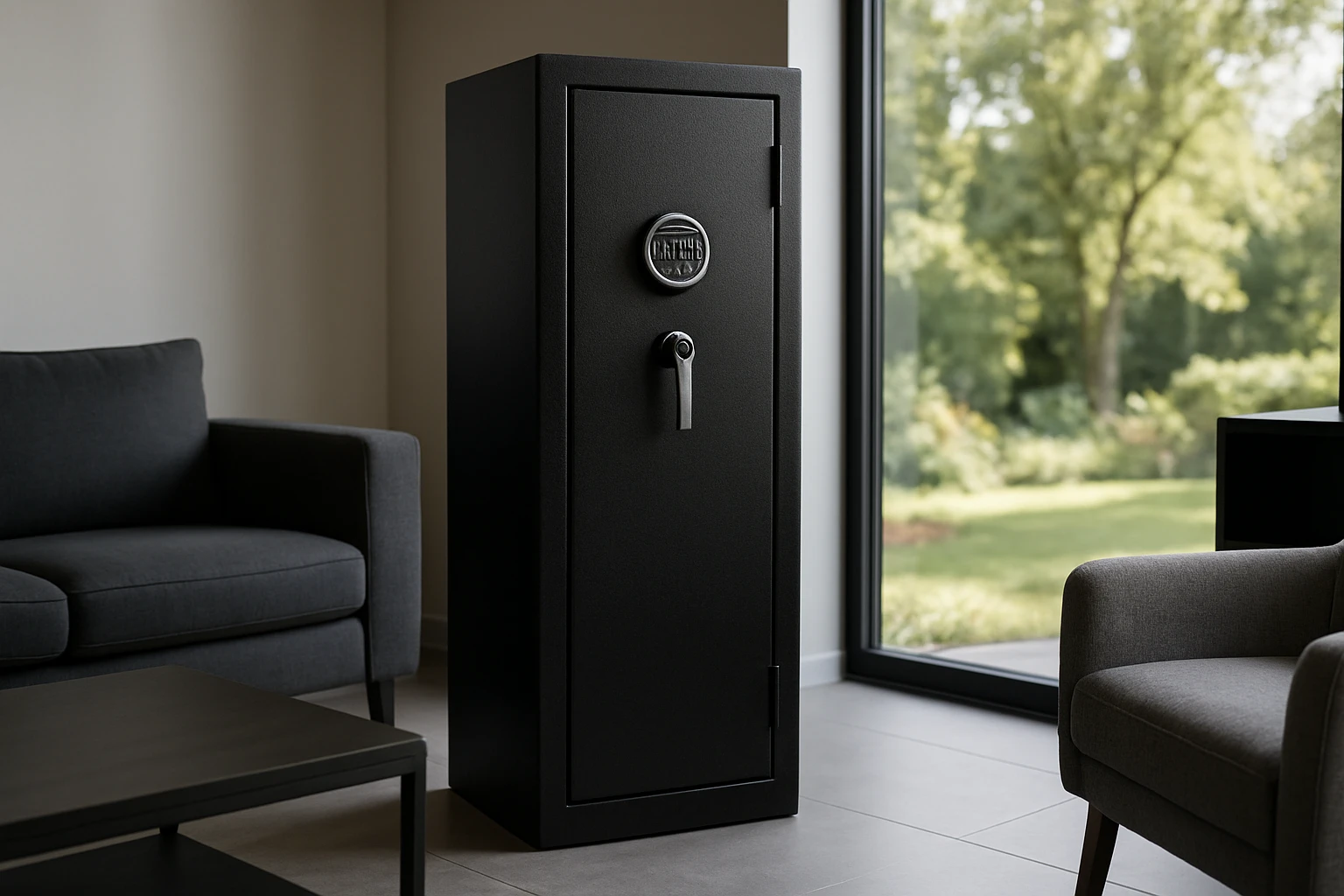 A sturdy black gun safe with a digital keypad lock stands prominently in a modern living room, surrounded by sleek furniture and a large panoramic window showing a peaceful garden beyond, highlighting the balance of security and home aesthetics.