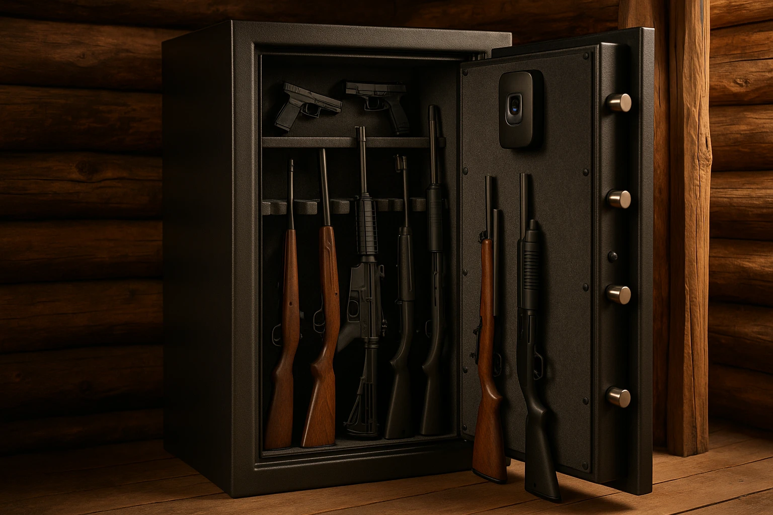 An open gun safe with a solid steel exterior sits in a rustic wooden cabin, displaying a neatly organized interior with various firearms secured in foam-lined compartments, accompanied by a biometric fingerprint scanner mounted on the door for enhanced security.