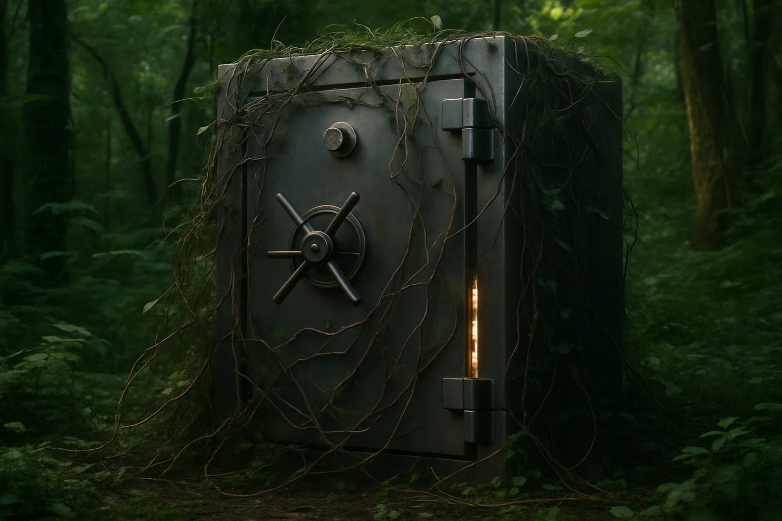A robust steel vault door partially ajar, exposing a faint glimpse of glowing data files inside, surrounded by dense, tangled vines symbolizing restricted access in a lush, overgrown forest setting.